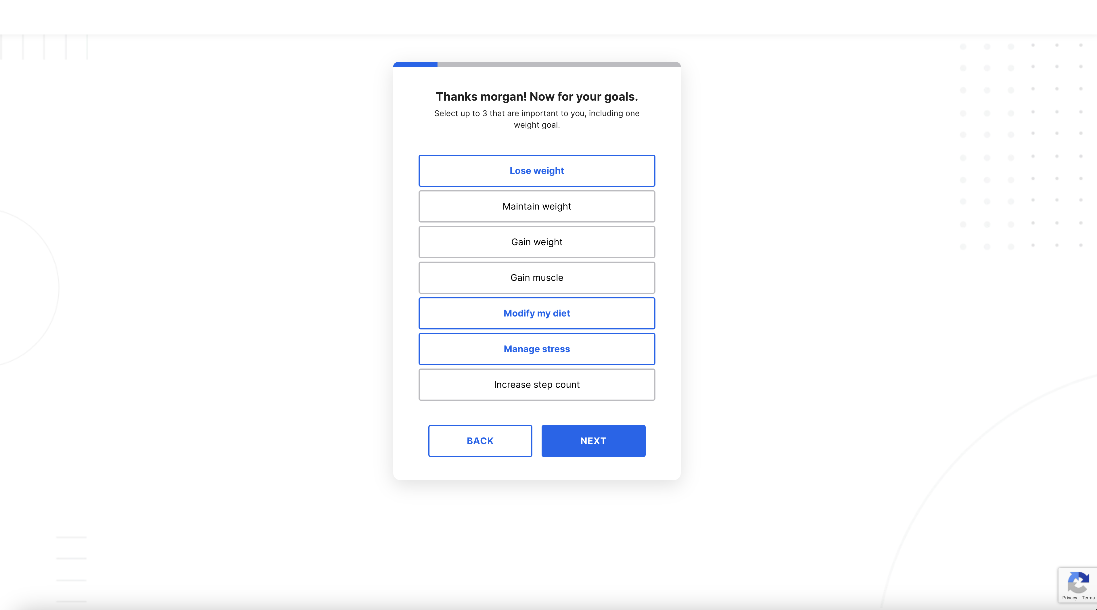 A screen shot of one of the pages in the onboarding flow displaying a list of options to select why you want to join