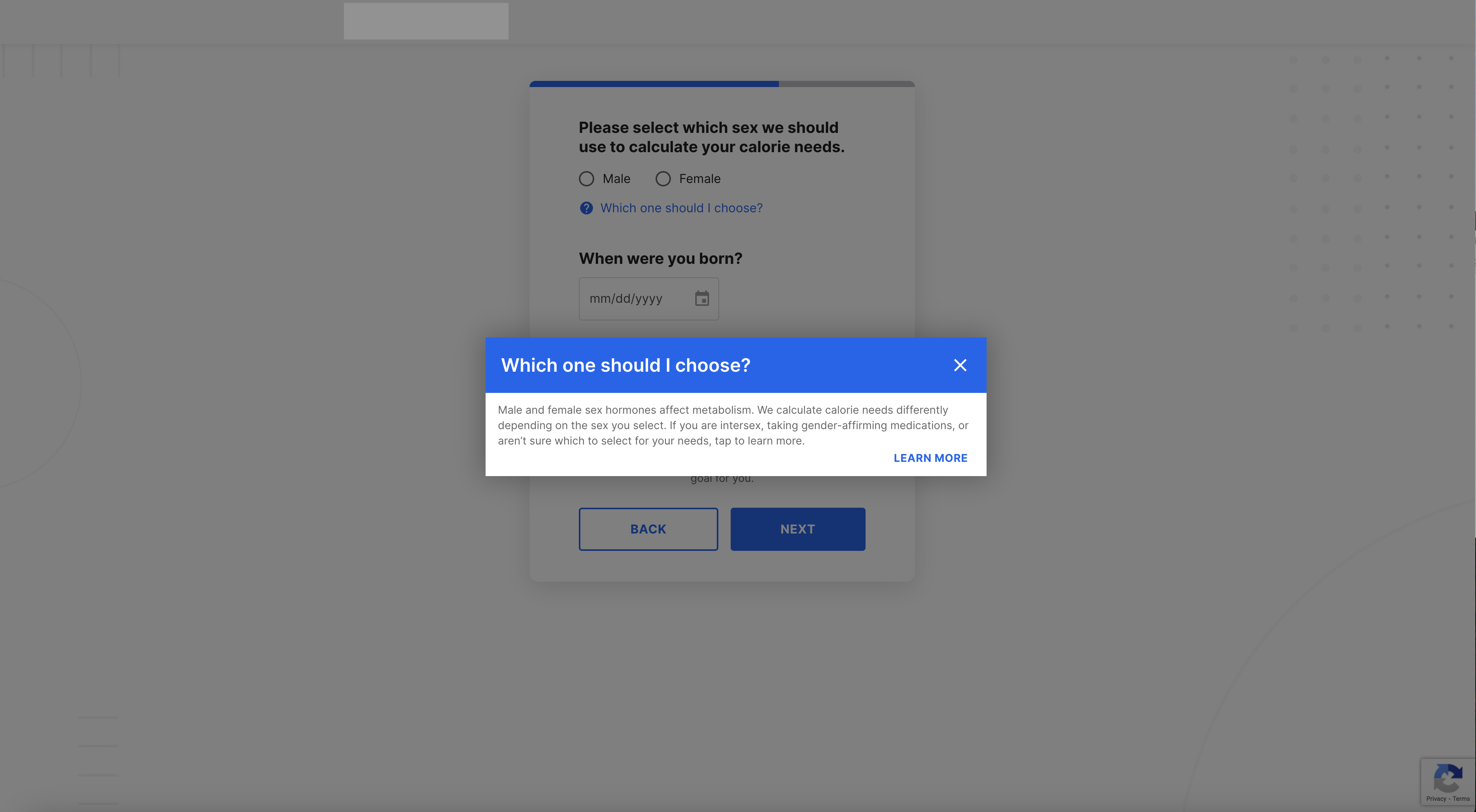A screen shot of one of the pages in the onboarding flow displaying a modal with more information about which sex to choose