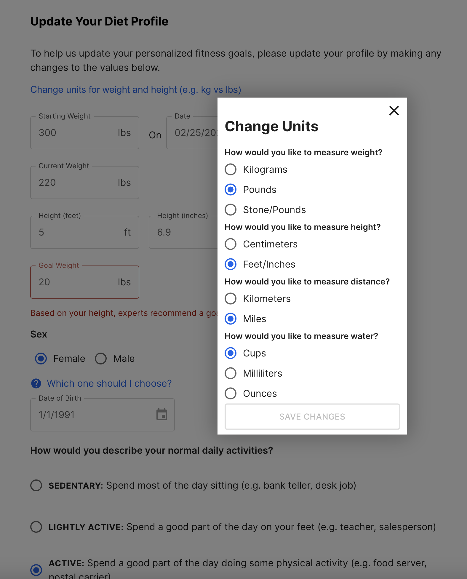 A screen shot showing form UI with an error state under the goal weight indicating that it is too low